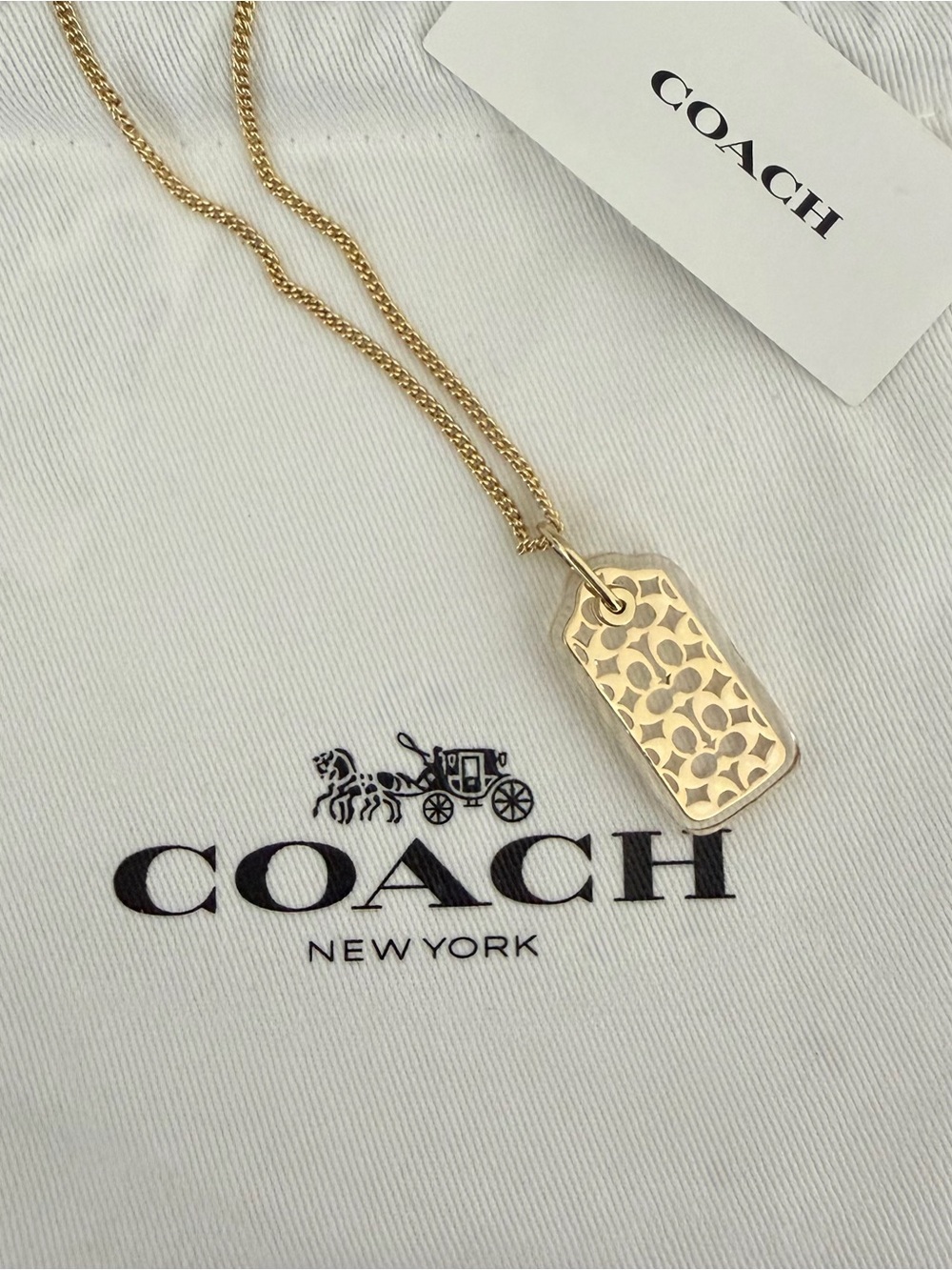 NWT COACH Signature Quilted Cut Out Hangtag Pendant Gold Chain Necklace